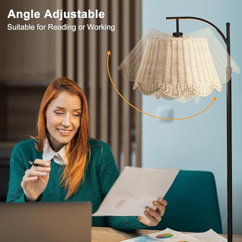 Arc Floor Lamp for Living Room，Rattan Boho Floor Lamp with Hand-Woven Wicker Shade, Foot Switch, Gold/Silvery Metal Base & Pole,Standing Lamp for Bedroom (Gold) - color: Gold&Off White