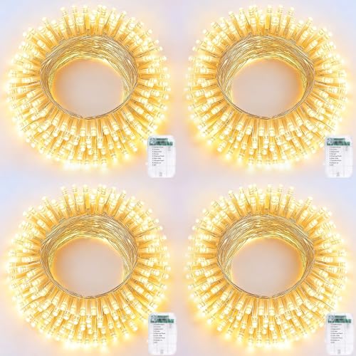 Pooqla 4 Pack String Lights Battery Operated, Total 66.6ft 200 LED Fairy Lights Indoor Outdoor Decorations, 8 Modes Warm White Battery Christmas Lights for Bedroom Classroom Porch Party Yard Decor - color: Warm White, size: 50 LED x4
