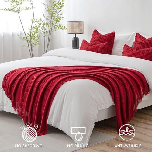 MIULEE Burgundy Red Knitted Throw Blanket for Couch Boho Textured Cozy Woven Blanket with Tassels for Sofa Chair Bed Living Room Acrylic Wave Pattern 50"x60" - color: Burgundy, size: 50" x 60"