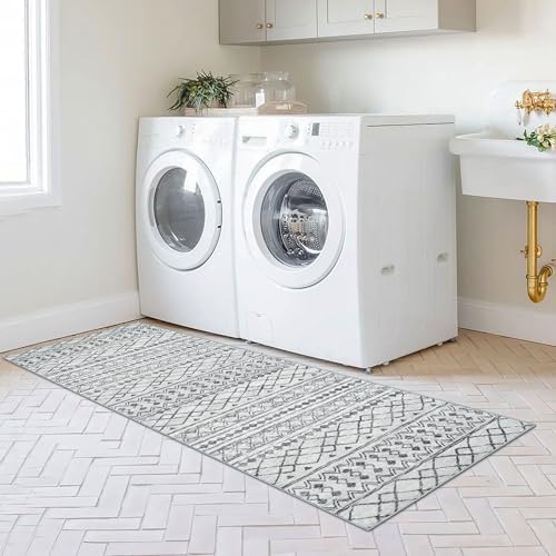 KUTA 2x6 Washable Runner Rug Non-Slip, Grey Moroccan Boho Rug Runner for Hallways Distressed Geometric Vintage Kitchen Rugs, Ultra Soft Floor Mat for Entryway, Bathroom, Laundry, Living Room, Bedroom - color: Grey, size: 2' x 6' (Runner)