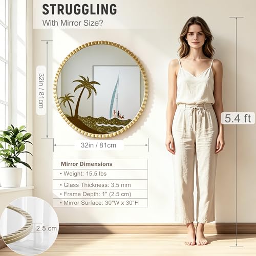 Round Gold Wall Mirror 32" – Decorative Metal Frame Wall Mirror with Tropical Coconut Tree, Beaded Coastal Accent Mirror for Living Room, Bedroom, Bathroom, Beach House - color: Coconut - 32"l X 32"w