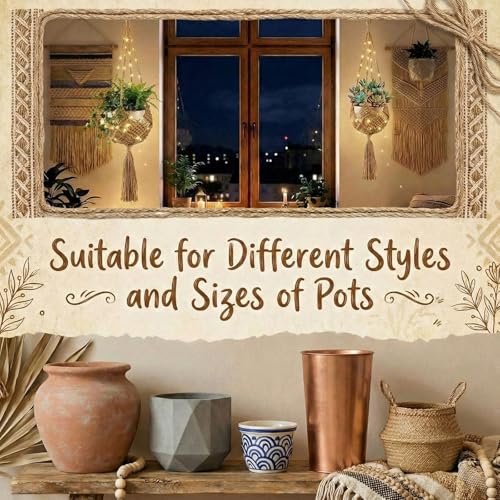 Sliner 3 Pack Jute Crochet Plant Hanging Baskets with Lights and Hooks Macrame Plant Hangers Boho Hanging Baskets for Indoor and Outdoor Home Decor, 3 Different Size
