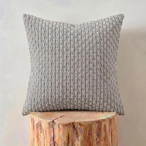 Fancy Homi Set of 2 Neutral Grey Decorative Throw Pillow Covers 18x18 Inch for Couch Bed Sofa Bedroom, Modern Farmhouse Boho Home Decor, Soft Fluffy Textured Corduroy Cute Gray Cushion Case 45x45 cm - color: Gray, size: 18" x 18" (Pack of 2)