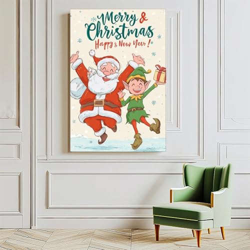JDBeehpy Merry Christmas & Happy New Year Wall Art Poster Santa Claus and Elf Frame Canvas Print Painting Lively Cheerful Home Decor Mural 12x18inch(30x45cm) - color: Elf Frame, size: 18L" x 12W"