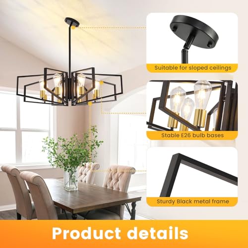 Black and Gold Chandelier, 8-Light Farmhouse Dining Room Light Fixture, Geometric Pendant Lights Kitchen Island, Modern Industrial Chandelier for Living Room, Bedroom, Foyer, Stairway, Entryway - color: 01-Black and Gold-8 Lights