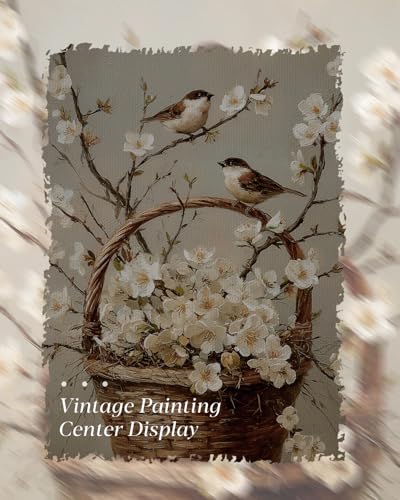 HUARCEY Gold Framed Canvas Wall Art, Bird Flower Basket Vintage Decor, Paintings Farmhouse Wall Decor, Retro Table Desk Decoration Bathroom Bedroom Living Room, 12x16Inch - color: Bird Flower Basket, size: 16"L x 12"W