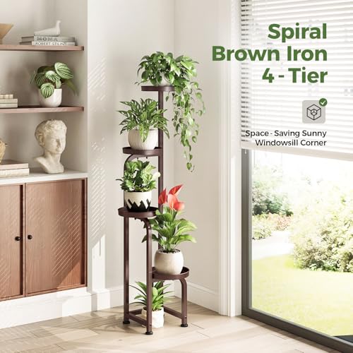 Bamworld Corner Plant Stand Indoor Outdoor, Tall Metal Flower Pot Stands for Multiple Plants, 4 Tier Brown Heavy Duty Plant Shelf for Patio Garden Balcony Living Room Bedroom(Patent Design) - color: Matte Brown, style: Spiral 4Tier