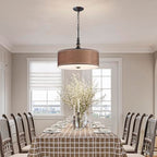 Shrine Lighting Drum Chandeliers, Farmhouse Style, Perfect Drum Pendant Light for Dining Room, D21'' x H8'', Adjustable Chains 59'', E26*3 Sockets, Brown Linen Fabric Lampshade & Black Rod - color: Brown&Black D20''