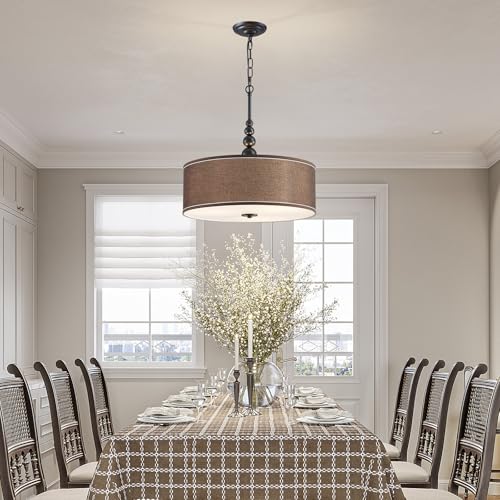 Shrine Lighting Drum Chandeliers, Farmhouse Style, Perfect Drum Pendant Light for Dining Room, D21'' x H8'', Adjustable Chains 59'', E26*3 Sockets, Brown Linen Fabric Lampshade & Black Rod - color: Brown&Black D20''