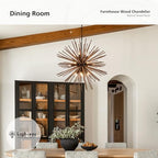 37.4" Farmhouse Sputnik Chandelier for Dining Room Rustic Handmade Natural Wood 18-Light Hanging Ceiling Pendant Light Fixture Starburst Wood Chandeliers for Kitchen Bedroom Foyer Hallway - size: Diameter 37.4", 18-Light