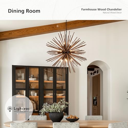 37.4" Farmhouse Sputnik Chandelier for Dining Room Rustic Handmade Natural Wood 18-Light Hanging Ceiling Pendant Light Fixture Starburst Wood Chandeliers for Kitchen Bedroom Foyer Hallway - size: Diameter 37.4", 18-Light