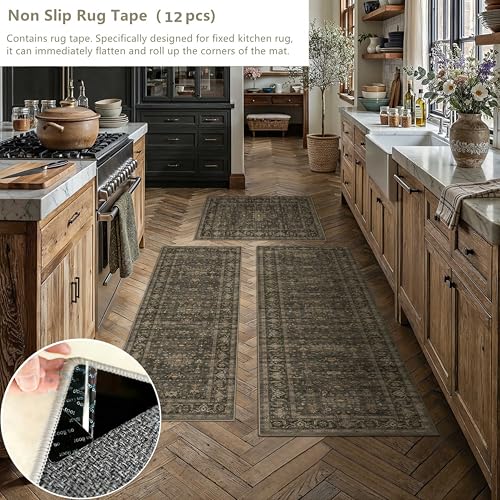 Kitchen Rug Set of 3 Washable Brown Vintage Kitchen Mats for Floor Non Slip Kitchen Runner Rug Soft Low Pile Distressed for Bathroom Laundry Hallway Sink Entryway - color: Dark Brown, size: 20"x32"+20"x48"+30"x50"
