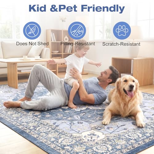9x12 Area Rugs for Living Room, Machine Washable Boho Vintage Rug, Waterproof Surface & Non-Slip Backing, Foldable Soft Low Pile Floral Medallion Carpet for Bedroom Dining Room - color: Blue/Cream, size: 9' x 12' (Rectangular)