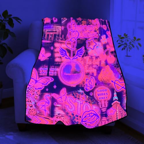 Blacklight Pink Collage Throw Blankets UV Reactive Aesthetic Throw Blanket Glow in the Dark Under Black Lights Game Room Decor Soft Throw Gifts 59x51 Inches - color: Bl Pink Collage
