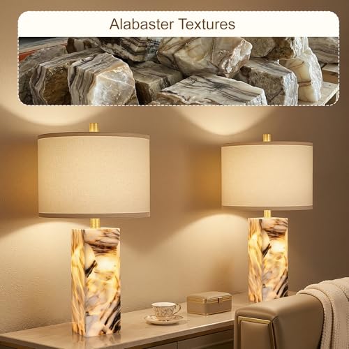 Scenekoy 23" Modern Alabaster Table Lamps Set of 2 with Night Light for Bedroom, Rotary Switch, Bedside Lamp with Linen Shade, Brown Table Lamp for Living Room Nightstand Office (Bulb Included) - color: Brown