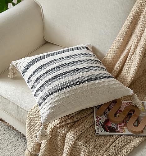 Caflife Boho Throw Pillow Covers 20x20 Decorative Pillows for Bed, Neutral Pillows Cover with Tassels for Modern Farmhouse Couch Sofa Living Room Outdoor Cushion, Pack of 1, Beige with Black Line - color: Black Beige, size: 20" x 20" (Pack of 1)