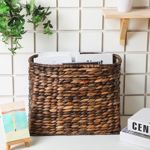 Tatuo Seagrass Magazine Baskets Magazine Holder Tall Narrow Woven Storage Wicker Basket Floor Bathroom Home Office Handwoven Holder for Books, Newspaper, File and Mail(Dark Brown) - color: Dark Brown