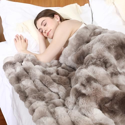 Faux Rabbit Fur Throw Blanket for Couch, Fluffy Warm Plush Thick Bubble Blanket for Bed Sofa Living Room, Soft Cozy Furry Blanket, 50x60 inches, Tie-dye Brown - color: Tie-dye Brown, size: Throw50"x60"