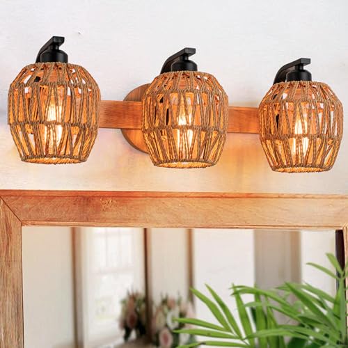 3-Light Rattan Vanity Light Fixtures,Bathroom Lighting Fixtures Over Mirror,Rustic Rattan Lampshade Wood Wall Light Boho Vanity Light Farmhouse Wall Sconces for Kitchen Stairs Bedroom - color: Drum shade
