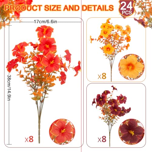 Daynight 2Set Artificial Outdoor Fall Flowers with Hanging Baskets,24Pcs Faux Petunias Flowers with Hanging Planter for Indoor Porch Yard Garden Autumn Decor (2, Orange) - color: Orange