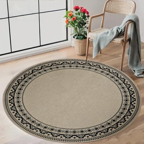 Round Easy Jute Rug 4Ft Boho Carpet for Farmhouse Cottage Bedroom Living Room Entryway Balcony Patio, Circle Black Geometric Washable Low Pile Thin Floor Mat, Indoor Outdoor Home Decor - color: Boho, size: 4'