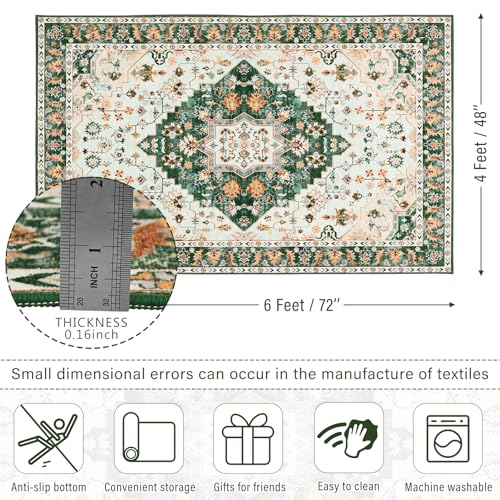 Amearea Vintage Design Area Rugs for Living Room, 4x6 Machine Washable Floral Collection Traditional Bedroom Rug, Low Pile Cute Kids Room Print Carpet, No Slip Office Kitchen Home Decor, Green - color: Green, size: 4' X 6' (Rectangular)