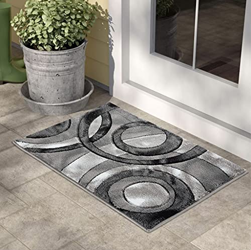 GLORY RUGS Area Rug 2x3 Grey Black Door Mat Modern Circles Soft Contemporary Floor Carpet Fluffy Texture for Indoor Living Dining Room and Bedroom Area - color: Grey Black, size: 2' x 3' (Rectangular)
