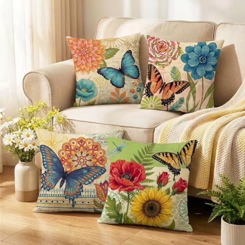 wyooxoo Spring Summer Pillow Covers 16x16 Set of 4 Farmhouse Throw Pillow Covers Linen Flower Butterfly Decorative Pillowcases for Sofa Couch Living Room Outdoor - color: Color D, size: 16" x 16" (Pack of 4)