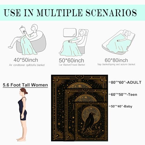 Mystic Raven Fleece Blanket,40x50in,Gothic Gold Line Art Celestial Symbol Occult Throw Blankets,Soft Cozy Lightweight, Ideal for Witchy Bed Living Room Home Decor - color: Raven, size: 40x50 Inch