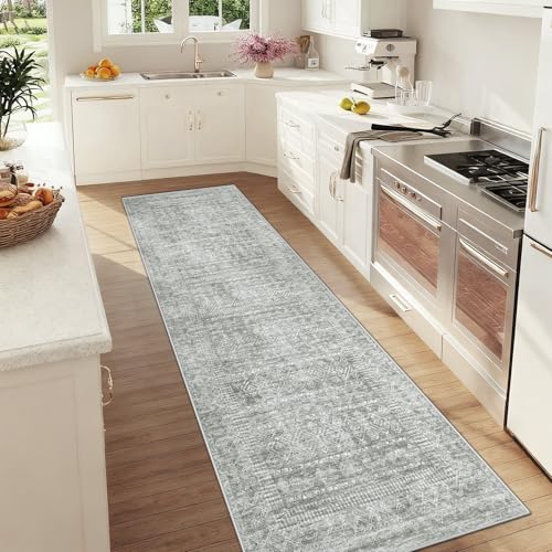 2x8 Washable Runner Rug: Moroccan Geometric Boho Rug Farmhouse Non Slip Stain Resistant Rugs Low Pile Soft Carpet for Porch Kitchen Laundry Room Living Room Bedroom (Grey,2'x8') - color: Grey, size: 2' x 8' (Rectangular)