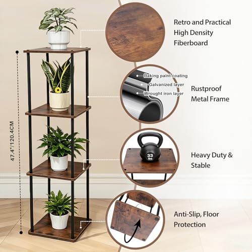 Vigordream Plant Stand Indoor Outdoor Tier Metal Plant Shelf Tall Pedestal Stand Flower Pot Stands Multiple Planter Support Rack for Corner Living Room, Balcony, Garden Patio (Retro Brown, 47.4INCH) - size: 47.4INCH