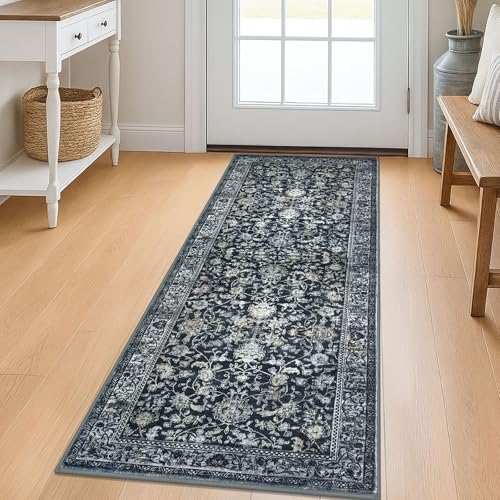 KILOCOCO Hallway Runner 2x5 Rug Runner Printed Vintage Floral Washable Kitchen Runners Non-slip Rubber Backed Runners for Hallways Laundry Room Distressed Boho Rugs for Entryway Bedroom, Navy/Charcoal - color: Charcoal/Navy, size: 2' x 5' (Runner)