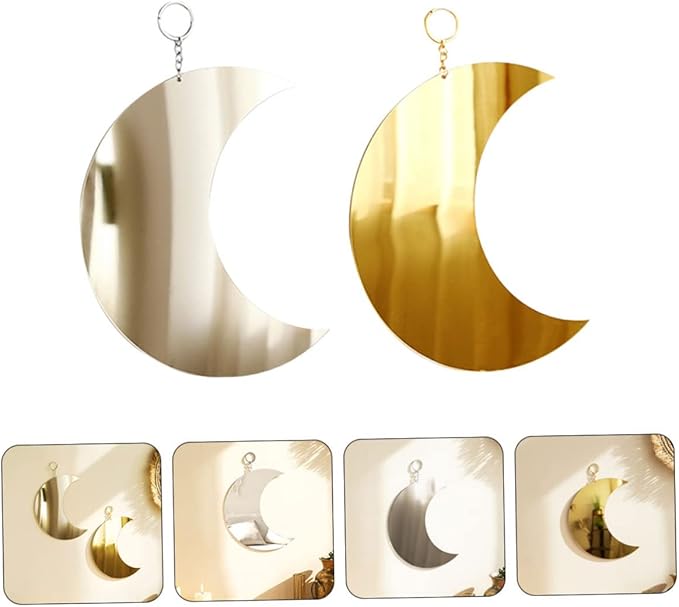 2pcs Boho Moon Mirror Wall Decor Acrylic Decorative Hanging Mirrors for Bedroom and Lounge Stylish Wall Art with Gold Silver Finish Space-Saving Home Decoration