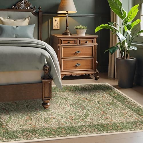 3x5 Floral Washable Area Rug for Living Room, Vintage Boho Rugs for Bedroom Dining Room, Botanical Birds Non Slip Low Pile Forest Throw Carpet for Farmhouse Office, Retro Pink/Green - color: Pink Green (Larger Pattern), size: 3' x 5' (Rectangular)