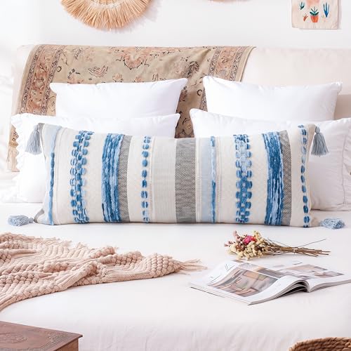 PANOD Boho Long Lumbar Throw Pillow Cover 16 x 36 Blue, Chenille Morocan Extra Long Pillow Case Cover, Decorative Long Pillow for Bed Couch Sofa Farmhouse - color: Sky Blue Tone, size: 36" x 16" (Pack of 1)