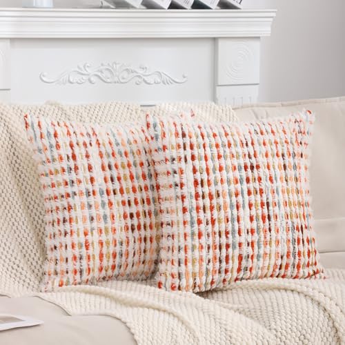 LUOYEHK Boho Throw Pillow Covers 18x18 Inch Set of 2 Chenille Tufted Pillowcase Farmhouse Neutral Cushion Covers for Couch Sofa Bed Living Room, Orange Red - color: Orange Red, size: 18" x 18" (Pack of 2)