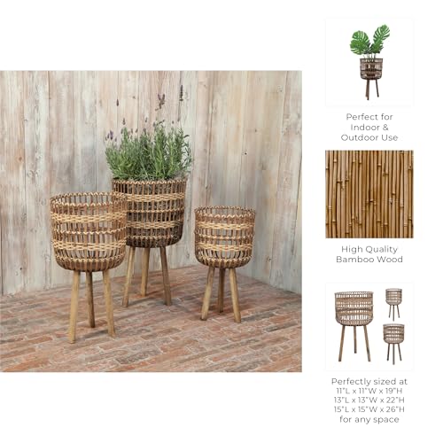 Sagebrook Home Set of 3 Wooden Planter Stands Bamboo Decorative Flower Pots for Indoor Outdoor Use, Rustic Woven Plant Holders with Legs for Home & Garden Decor, 19", 22"& 26" H - color: Woven Brown, size: 26" H