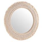 Jade Round Boho Wall Mirror with Natural Rattan Frame and Handwoven Macrame Fringe – Hanging Accent Mirror for Bathroom, Bedroom, or Nursery