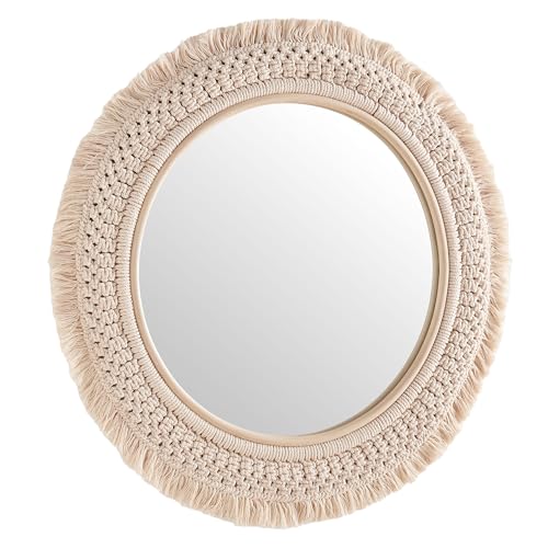 Jade Round Boho Wall Mirror with Natural Rattan Frame and Handwoven Macrame Fringe – Hanging Accent Mirror for Bathroom, Bedroom, or Nursery