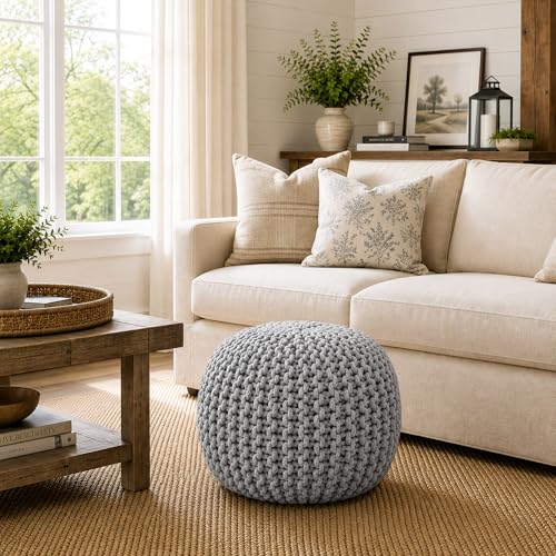 Casafield Round Pouf Ottoman, Light Gray - 20" Diameter x 14.5" High Cotton Knit Foot Stool - Boho Floor Pouffe for Living Room, Bedroom, Home Office - color: Light Gray, size: 20"D x 20"W x 14.5"H