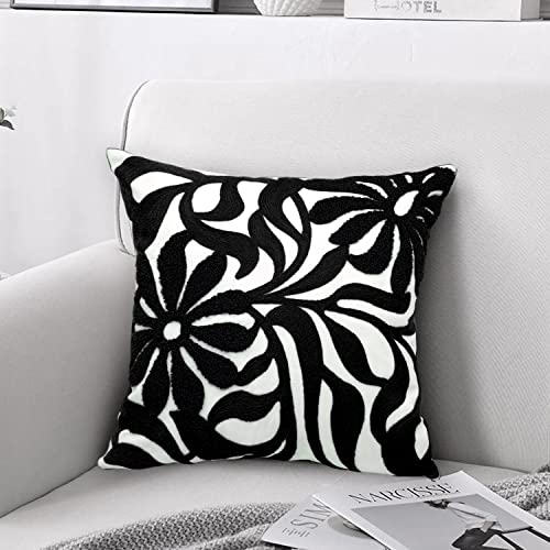 Alysheer Farmhouse Floral Leaves Embroidered Decorative Throw Pillow Cover 18x18 inches, Boho Tufted Flowers Embroidery Pattern Chic Cotton Cushion Case for Couch Bed Sofa Living Room(Black) - color: Black Floral, size: 18" x 18" (Pack of 1)