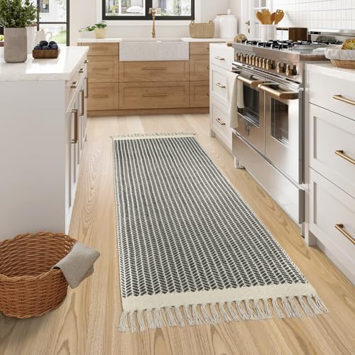 Lahome Belle Boho Hallway Runner Rug, 2x6 Laundry Room Lightweight Entry Bathroom Woven Cotton Throw Mat with Tassels, Farmhouse Non Shedding Washable Grey Rug Low Pile Runner for Kitchen - color: Grey, size: 2' x 6' (Runner)