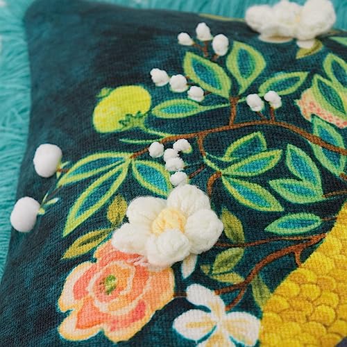 JWH Blue Green Peacock Throw Pillow Cover Flower Print Pillow Case Decorative Chenille Flowers Cushion Tassel Pillowcase for Bed Living Room Chair 14x20 Inch