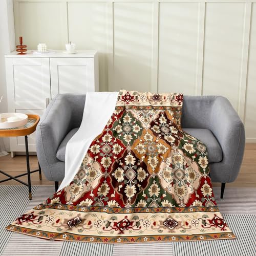Erosebridal Boho Floral Blanket Queen Inch, Retro Flower Grid Throw Blanket, Tribal Fashion Bohemian Tribal Lacy Fleece Blanket, Kids Vintage Antique Lattice Damask Paisley Flannel Blanket - color: Multi 03, size: Queen