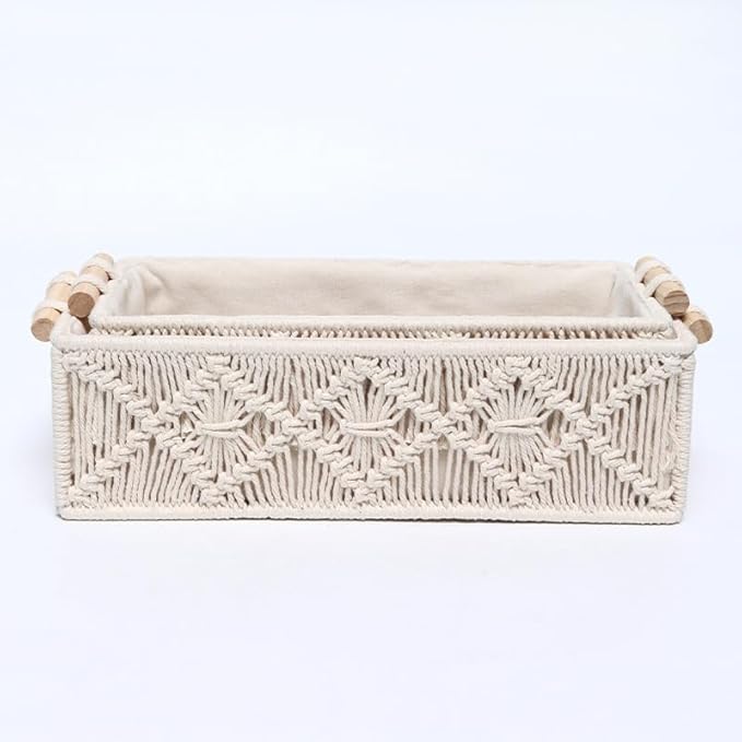 Macrame Storage Boho Decor Basket Set for Organizing - Woven Decorative Countertop, Toilet Paper, Tank Top Shelf With Handle - Bathroom Decor Nursery (Set of 2)