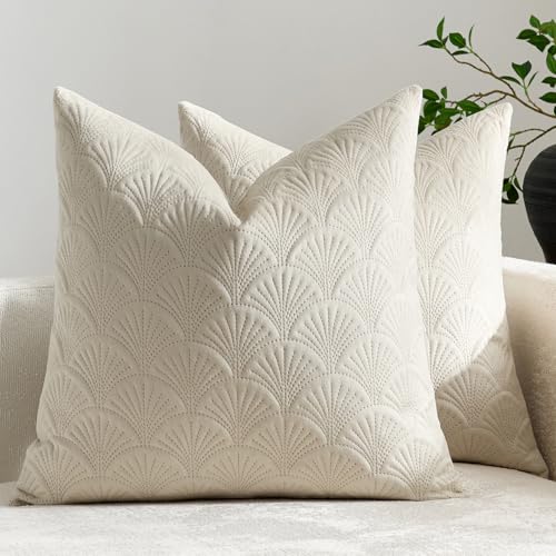 Mantle & Mason Modern Scandi Cushion Covers Leaf Pattern Throw Pillow Covers 20x20 inch Set of 2 Soft Velvet Embossing Decorative Pillow Covers for Couch Sofa Bed Chair Living Room Home Decor Beige - color: Leaf Beige, size: 20" x 20" (Pack of 2)