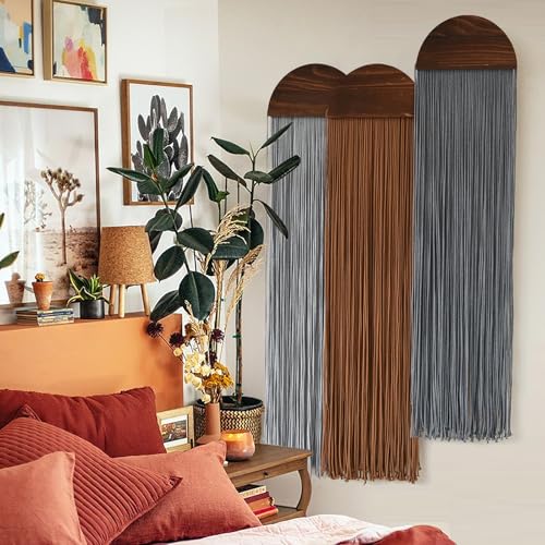 Macrame Wall Hanging 3Pcs Boho Wall Decor Handmade Macrame Art Fringe Design Wedding Macrame Backdrop Headboard Wall Decor 10" W x 40" L - color: Grey and Brown