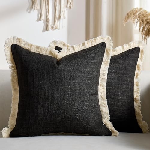 Boho Pillow Covers 18x18 Inch Faux Linen Couch Pillow Covers with Fringe Farmhouse Rustic Decorative Pillows Case Black Square Cushion Covers for Sofa Bedroom Living Room Home Decor Set of 2 - color: Black, size: 18" x 18" (Pack of 2)