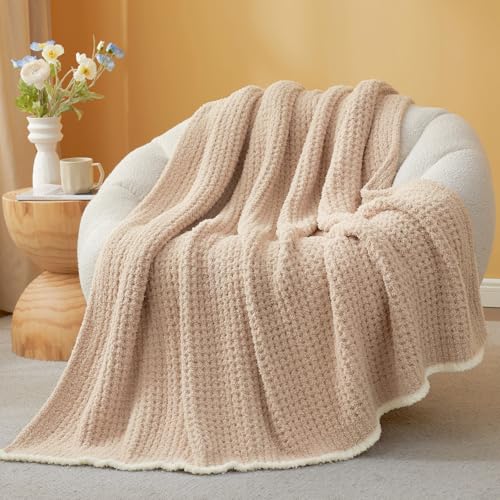Snuggle Sac Waffle Throw Blanket for Couch Bed Sofa 50x60 inches, Reversible Beige Blanket Microfiber Fluffy Fuzzy Cozy Knit Soft Throws for Women Mothers Birthday Gifts - color: Waffle Beige, size: Throw(50"x60")