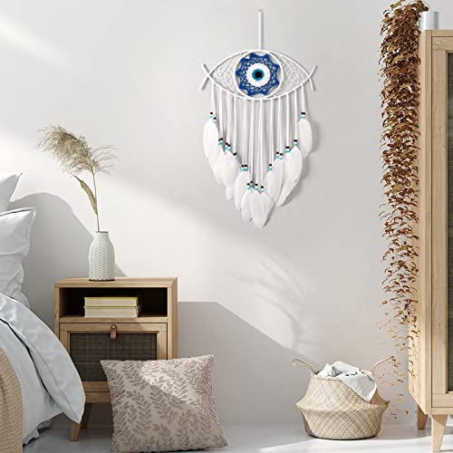 Dremisland Evil Eye Dream Catcher-White Dream Catchers Handmade Feather Evil Eye Wall Hanging Ornament Home Decoration for Bedroom Livingroom Yard, Blessing Craft Gift Bring Good Luck (Pure White) - color: Pure White